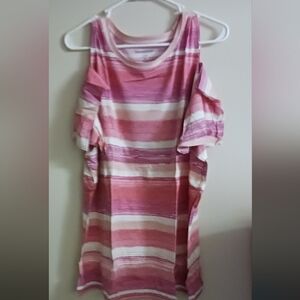 Woman Within Womens Striped Pink and White Cold Shoulder Tunic 1x A-4